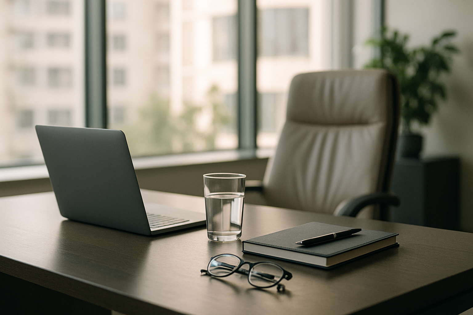 Mesa de escritório executivo organizada com laptop fechado, óculos e planta ao fundo em ambiente sofisticado.