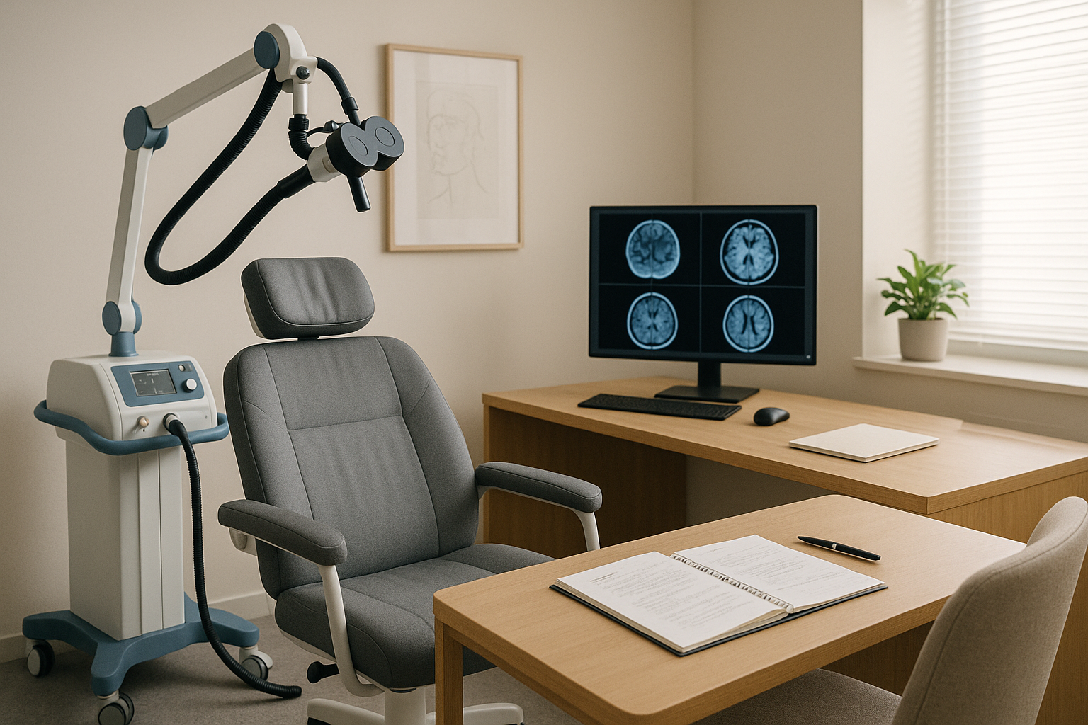 Sala de psiquiatria moderna com equipamentos de neuroestimulação e ambiente organizado.